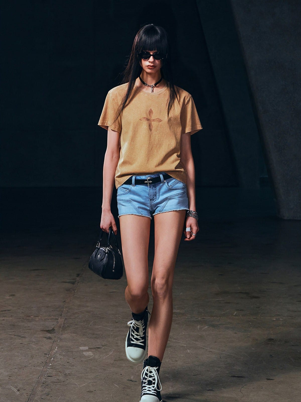 SMFK Vintage Wash Cross Graphic T Shirt in Beige - On Female Model