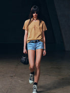 SMFK Vintage Wash Cross Graphic T Shirt in Beige - On Female Model