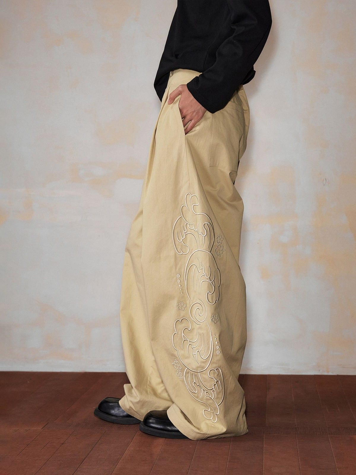 MEDM Embroidered Cotton Cargo Pants in Beige - On Model