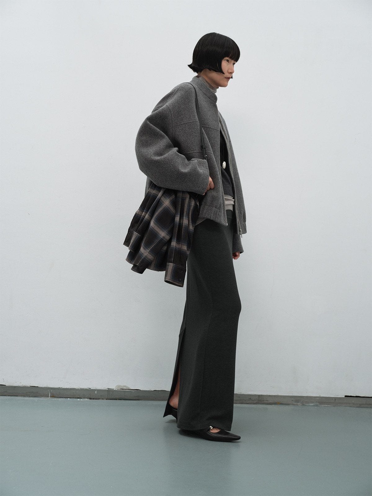 Random Piece Super 110S Wool Bomber Jacket in Gray - On Female Model