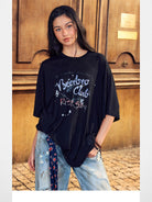 BeerBro Distressed Dirty Wash Relaxed Jeans in Blue - On Female Model