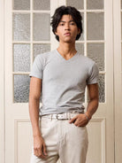 Retro 21 Anti Wrinkle V Neck T Shirt in Gray - On Male Model