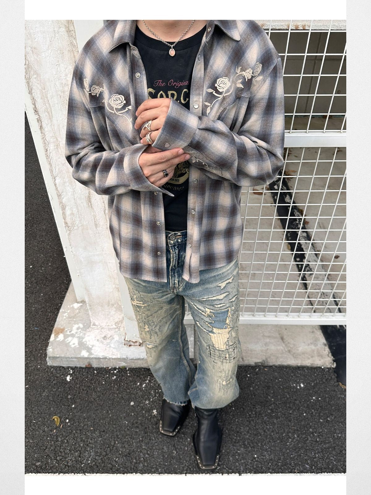 SOD Embroidered Plaid Western Shirt in Gray - On Male Model