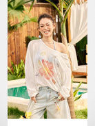 BeerBro Rhinestone Floral Sheer Top in White - On Female Model