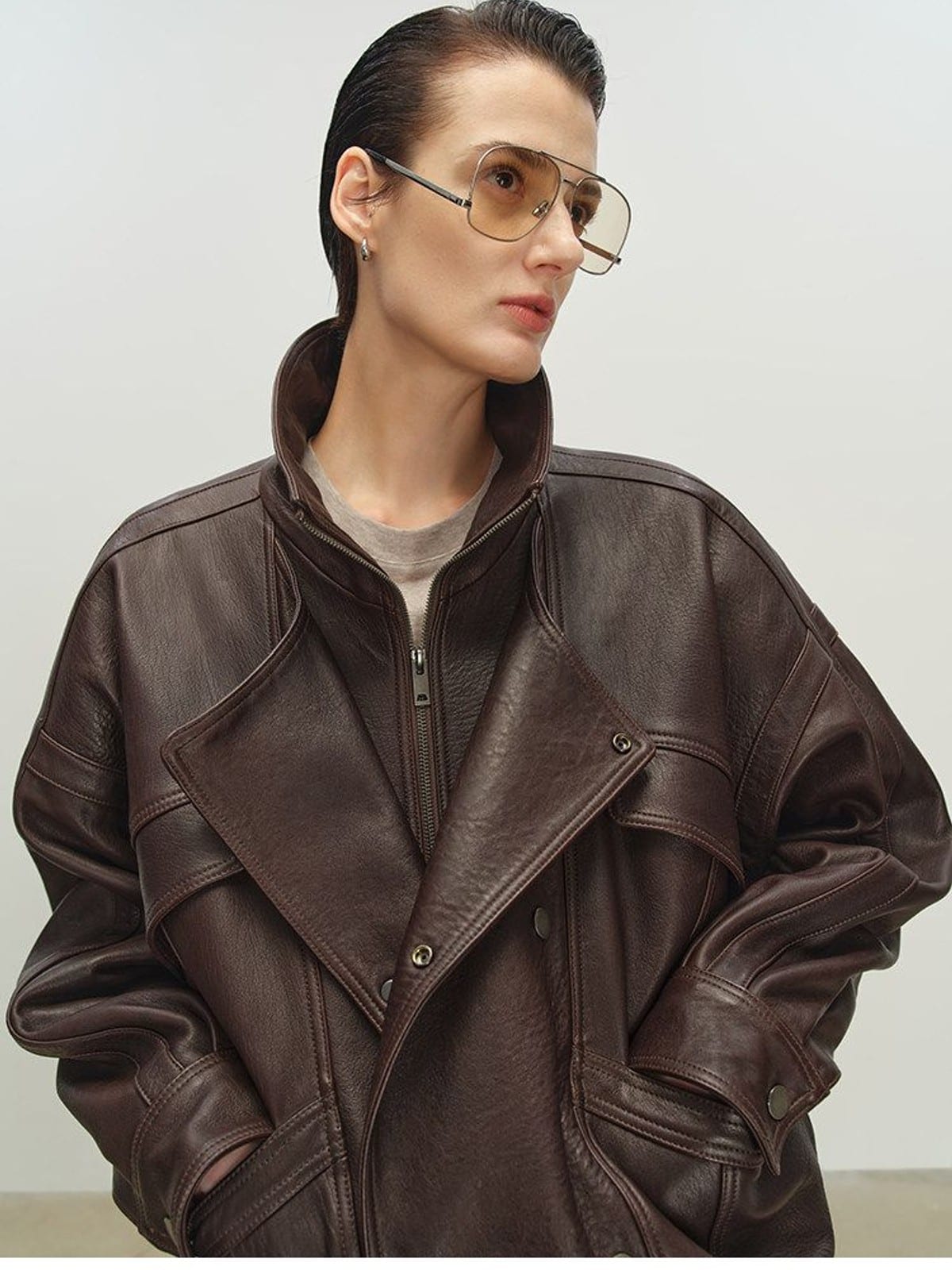 MSBEAST Stand Collar Textured Leather Jacket in Brown - On Female Model