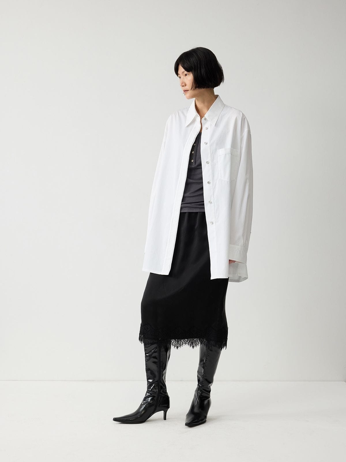Random Piece Oversized Cotton Button Down Shirt in White - On Female Model