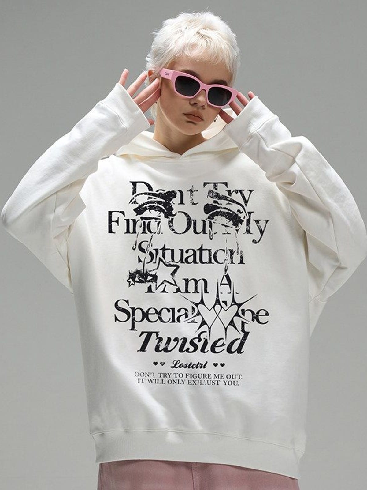 LOSTCTRL Graphic Print Fleece Hoodie in White - On Female Model