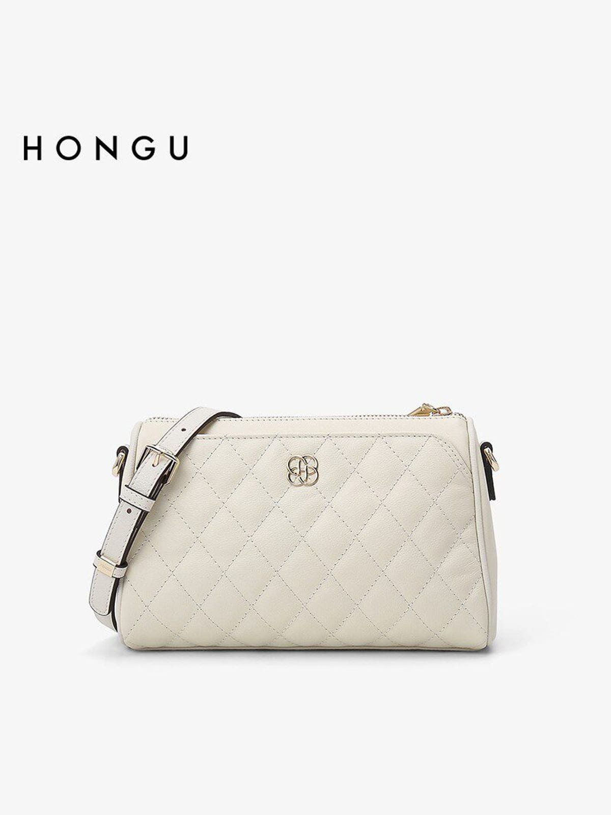 HONGU Quilted Leather Chain Crossbody Bag in Cream