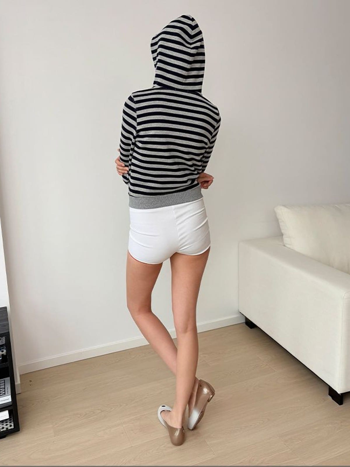 RARELY ALIKE Cropped Striped Zip Up Hoodie in Navy - On Model