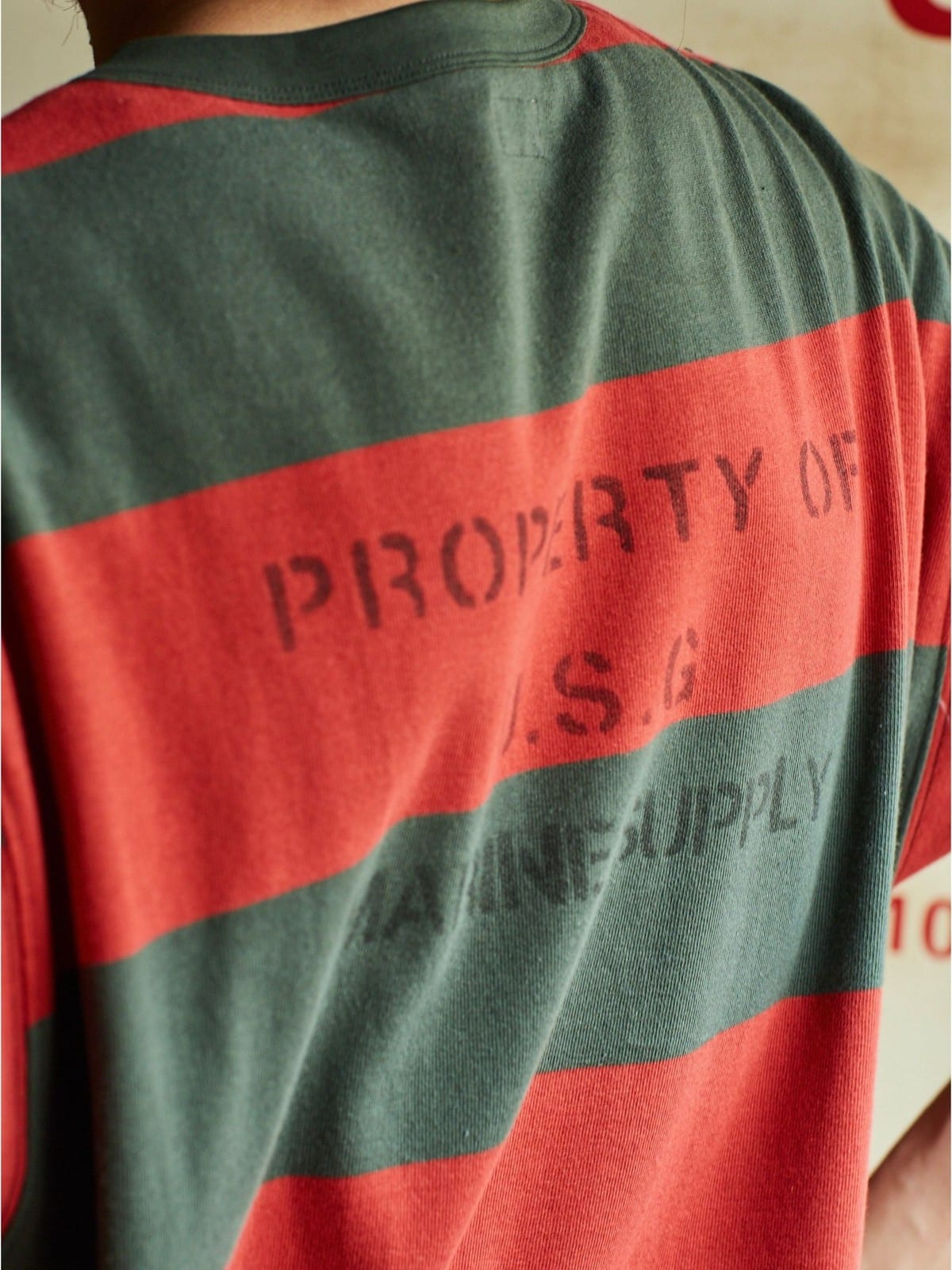 USAGE Wide Striped Cotton Pocket T Shirt in Green - On Model