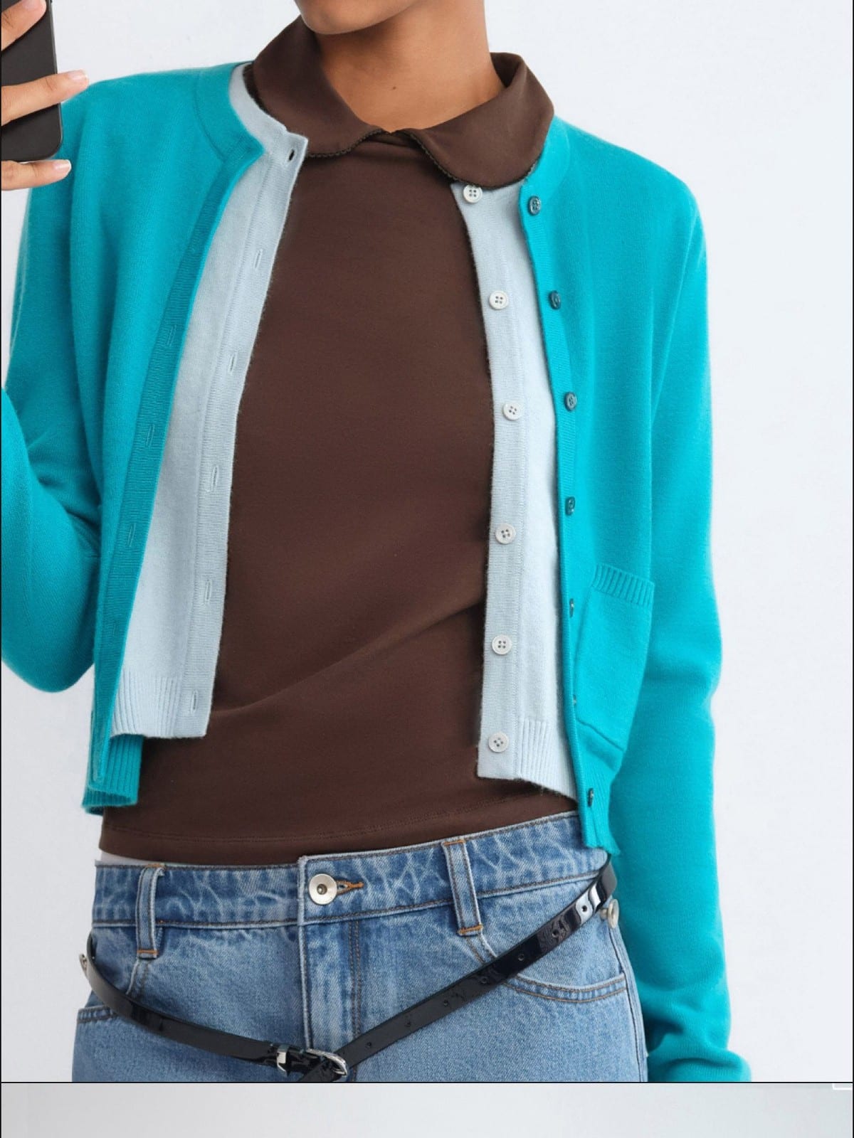 RARELY ALIKE Wool Color Block Layered Cardigan in Blue - On Female Model