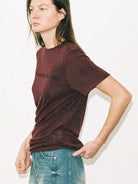 Random Piece Lyocell Blend Letter Print T Shirt in Burgundy - On Female Model