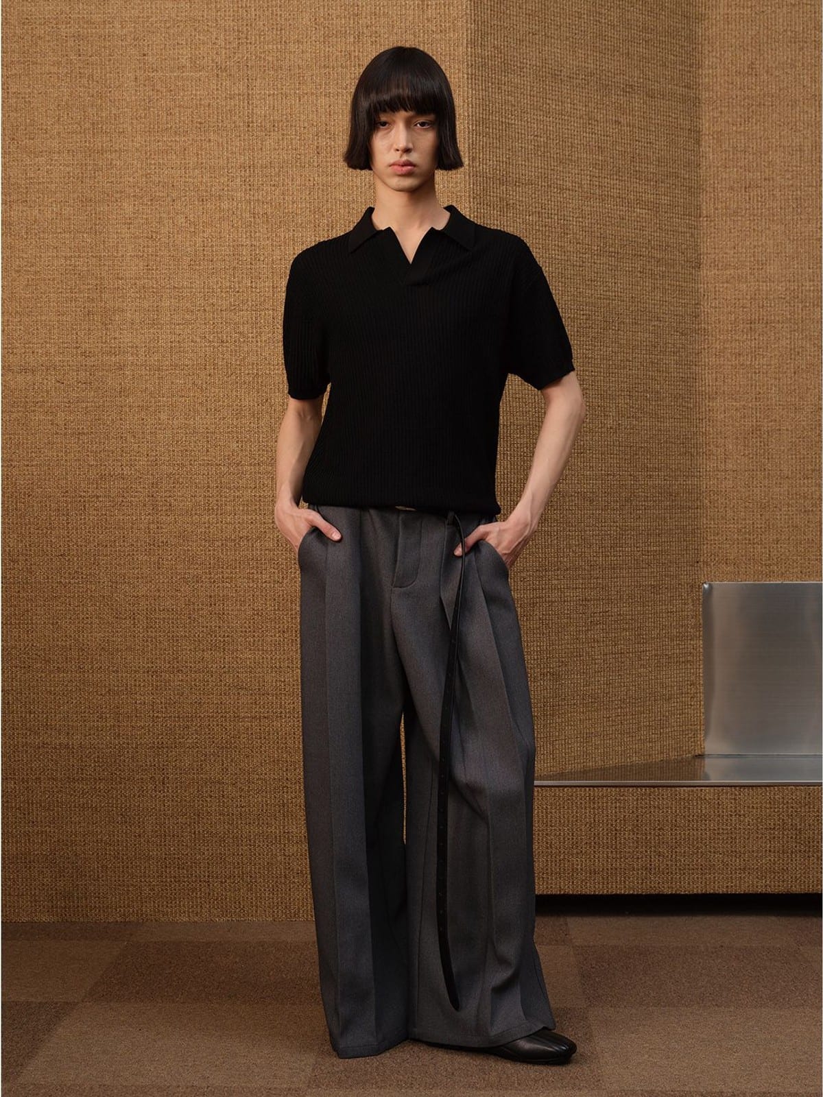 JCAESAR STUDIO Ribbed Ice Silk Knit Polo in Black - On Male Model
