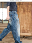 BLINDNOPLAN Distressed Dark Wash Straight Jeans in Blue - On Model