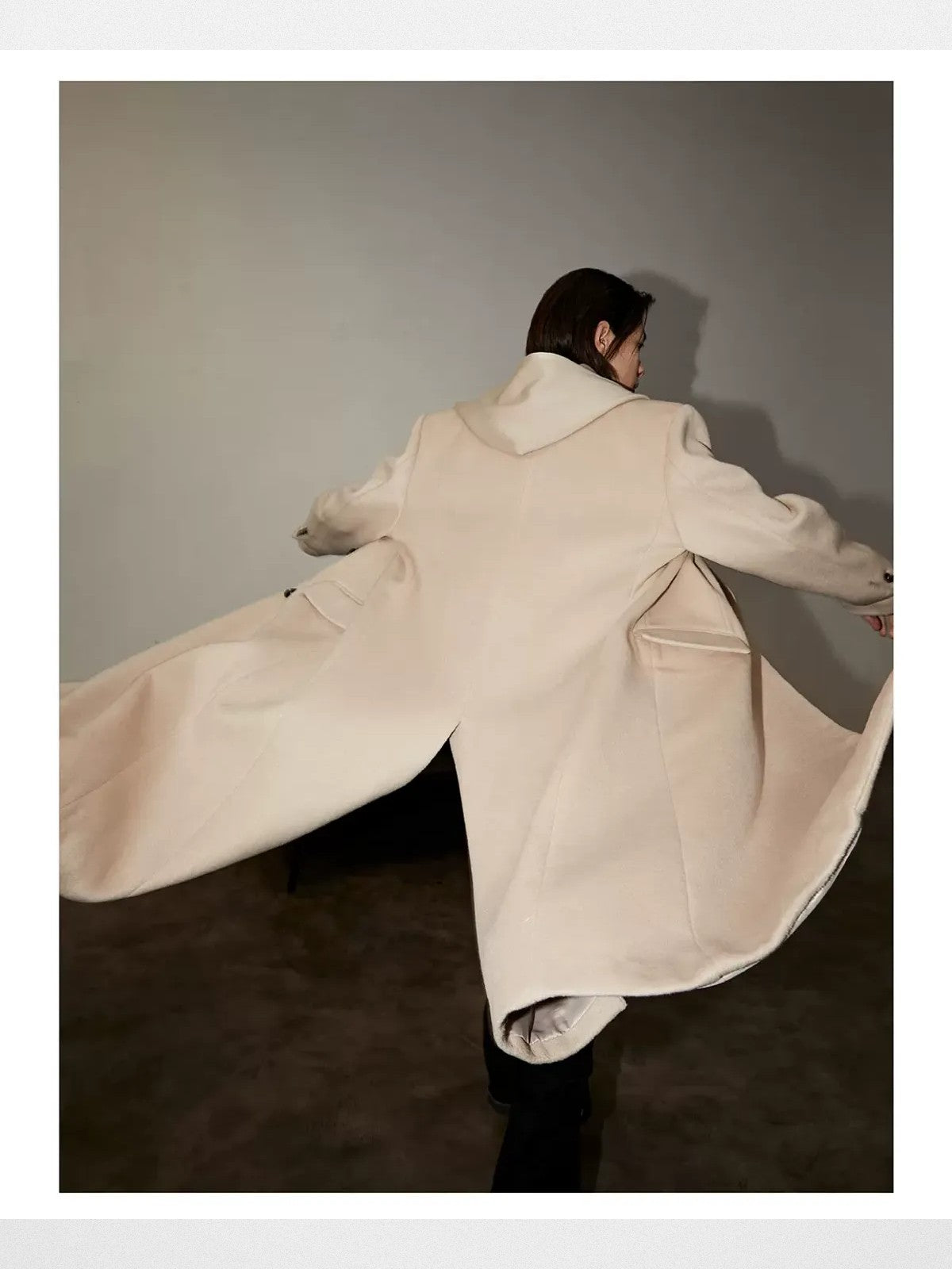 Y OFFICIAL Double Faced Wool Blend Hooded Coat in Beige - On Model