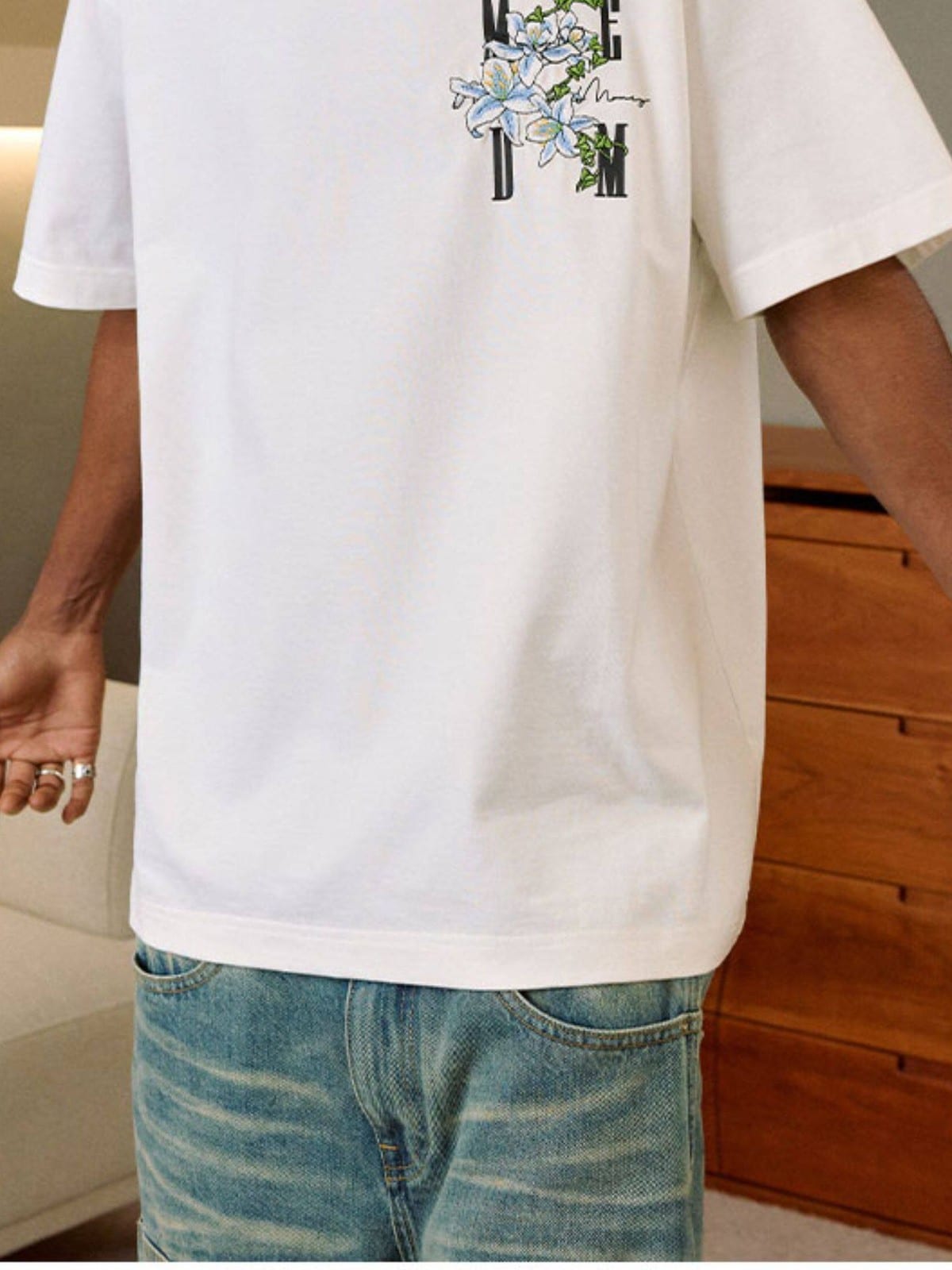 MEDM Floral Vine Embroidered T Shirt in White - On Model