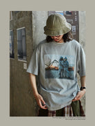 USAGE Vintage Photo Print Cotton T Shirt in Gray - On Male Model