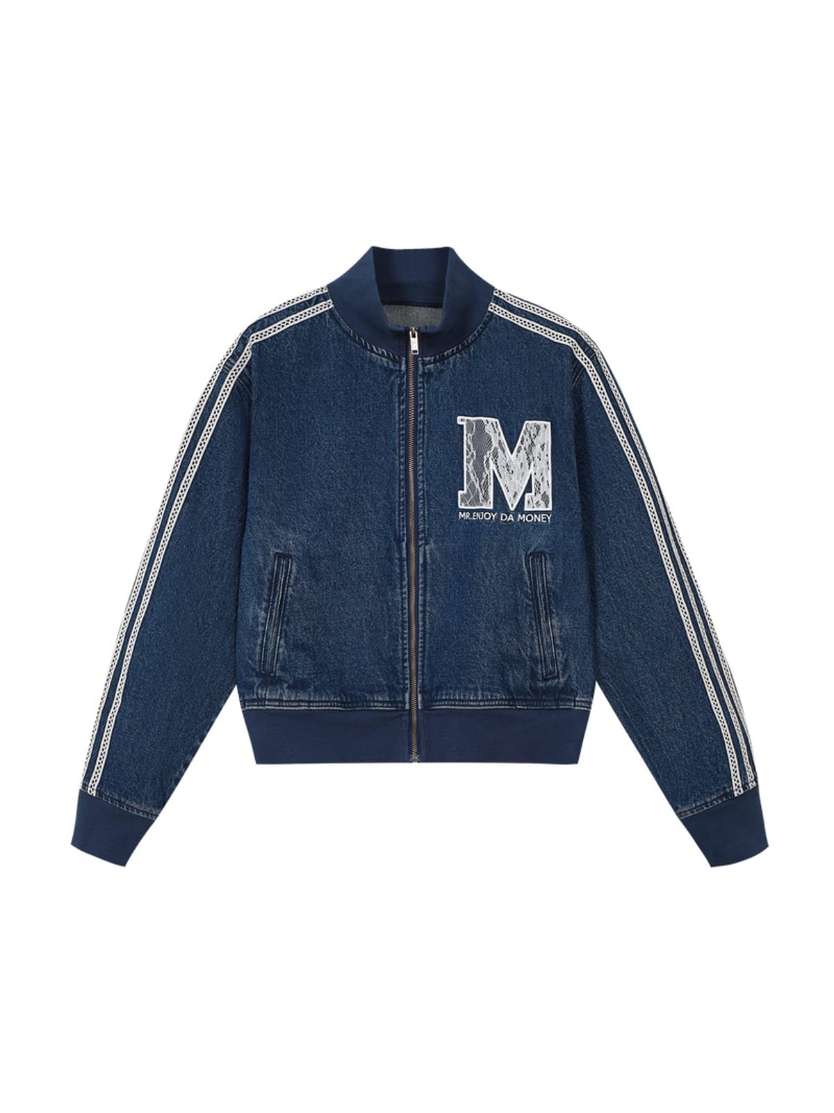 MEDM Lace Trim Stand Collar Denim Jacket in Denim