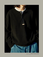 USAGE Heavyweight Waffle Knit Henley Sweatshirt in Black - On Male Model