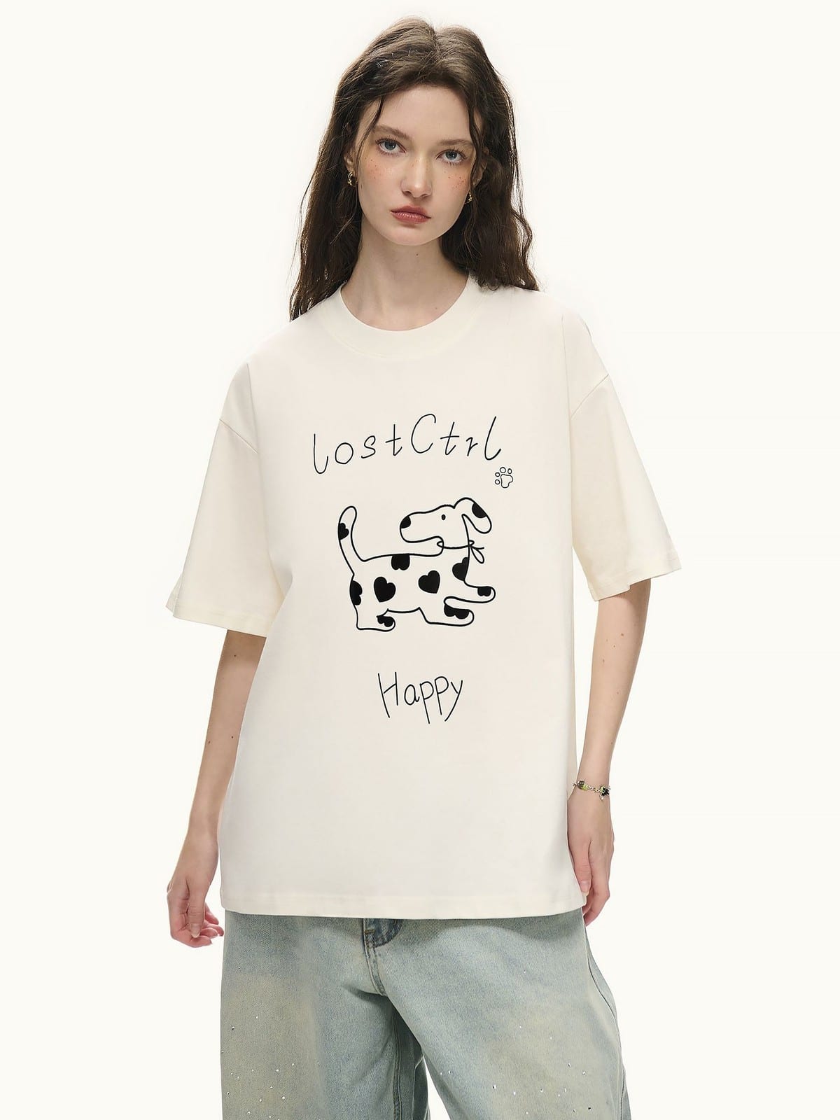 LOSTCTRL Spotted Dog Graphic Crewneck T Shirt in White - On Female Model