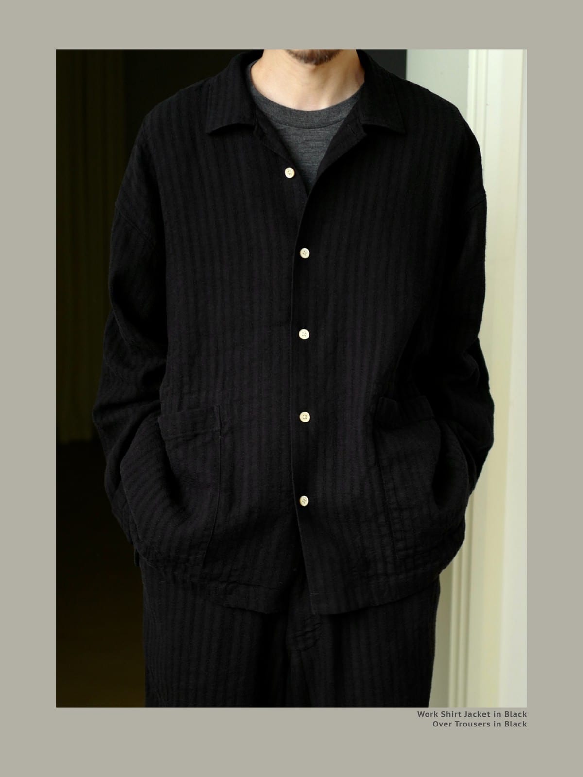 USAGE Textured Cotton Ramie Work Shirt in Black - On Male Model
