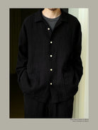 USAGE Textured Cotton Ramie Work Shirt in Black - On Male Model