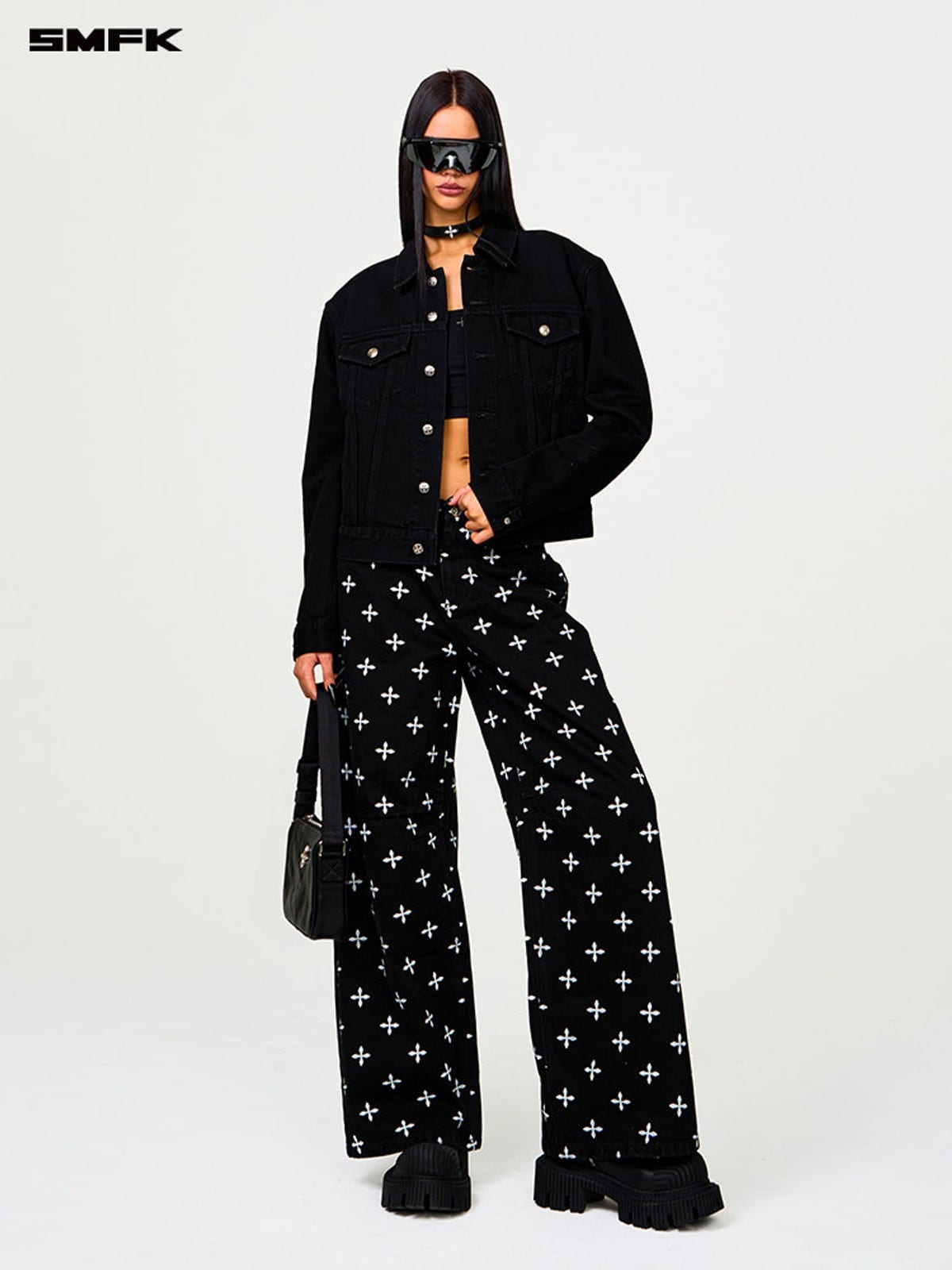 SMFK All Over Print Wide Leg Jeans in Black - On Female Model