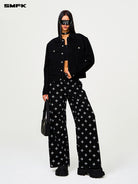 SMFK All Over Print Wide Leg Jeans in Black - On Female Model