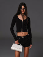 SMFK Ribbed Zip Up Cropped Cardigan in Black - On Female Model