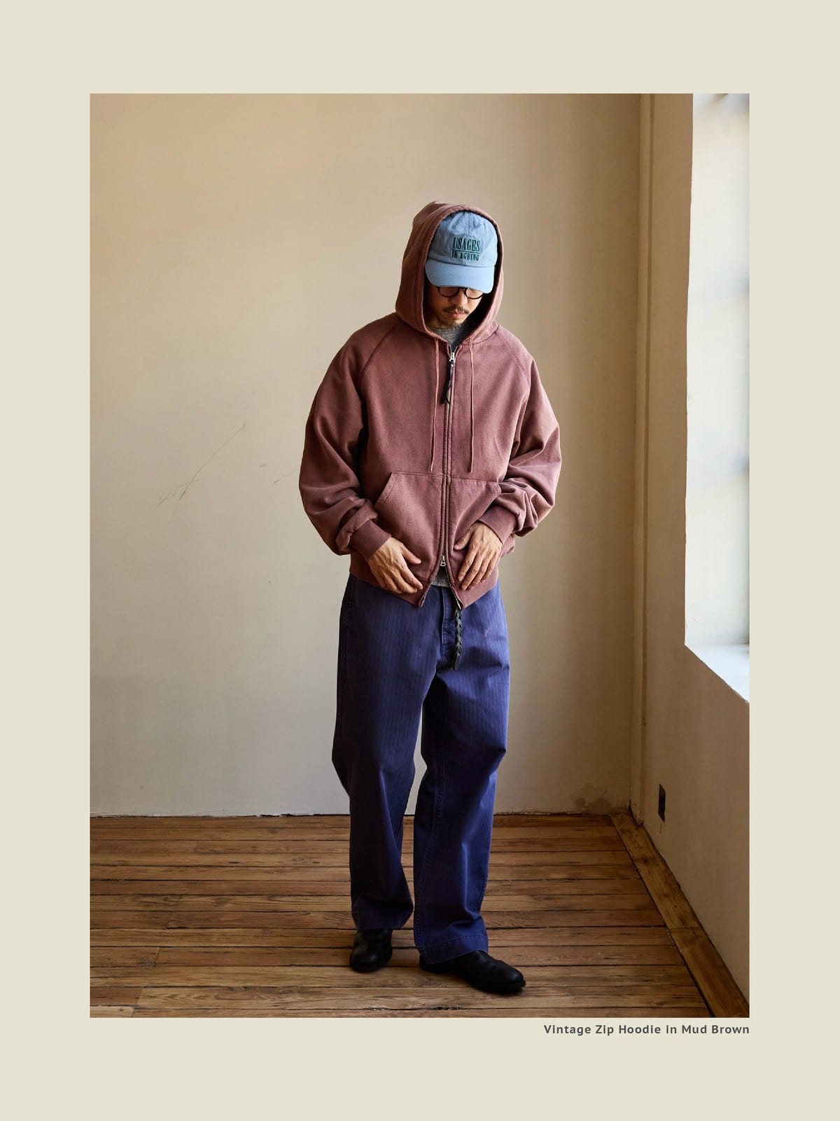 USAGE Vintage Washed Double Layer Zip Hoodie in Burgundy - On Male Model