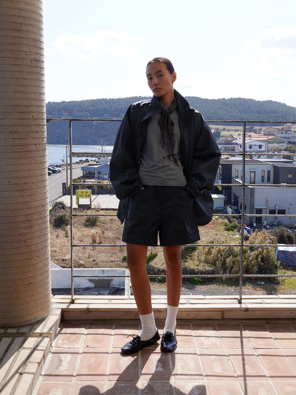 Random Piece Stand Collar Polyamide Windbreaker in Gray - On Female Model