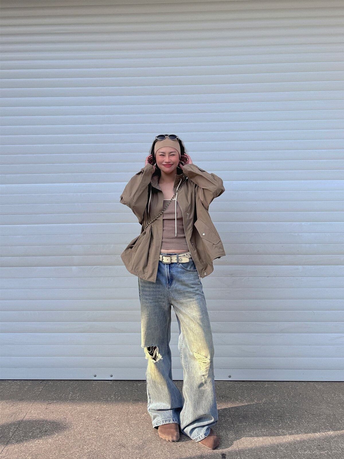 Random Piece Triacetate Blend Jacket With Stowable Hood in Beige - On Female Model