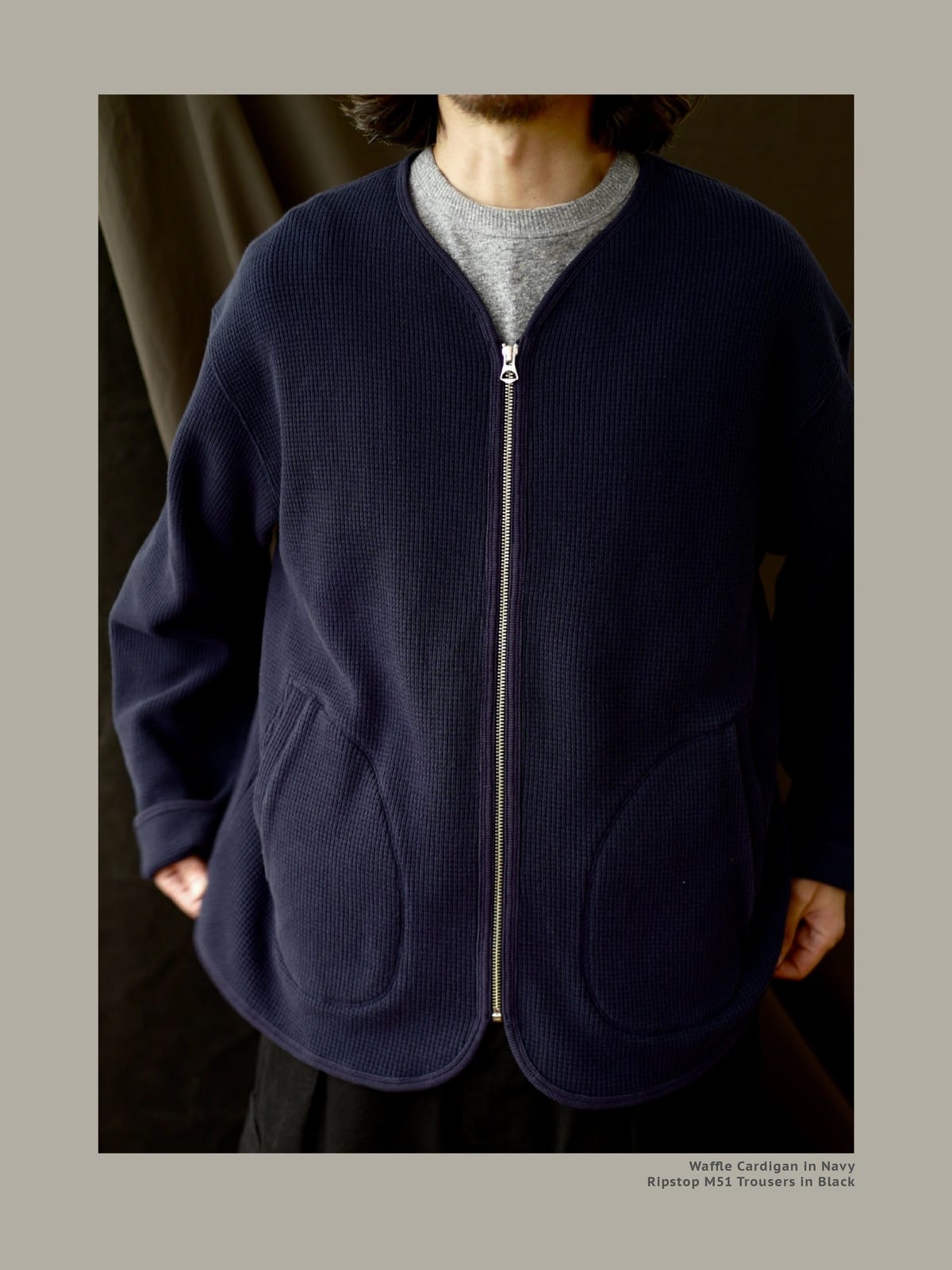 USAGE Heavyweight Waffle Knit Zip Cardigan in Navy Blue - On Male Model