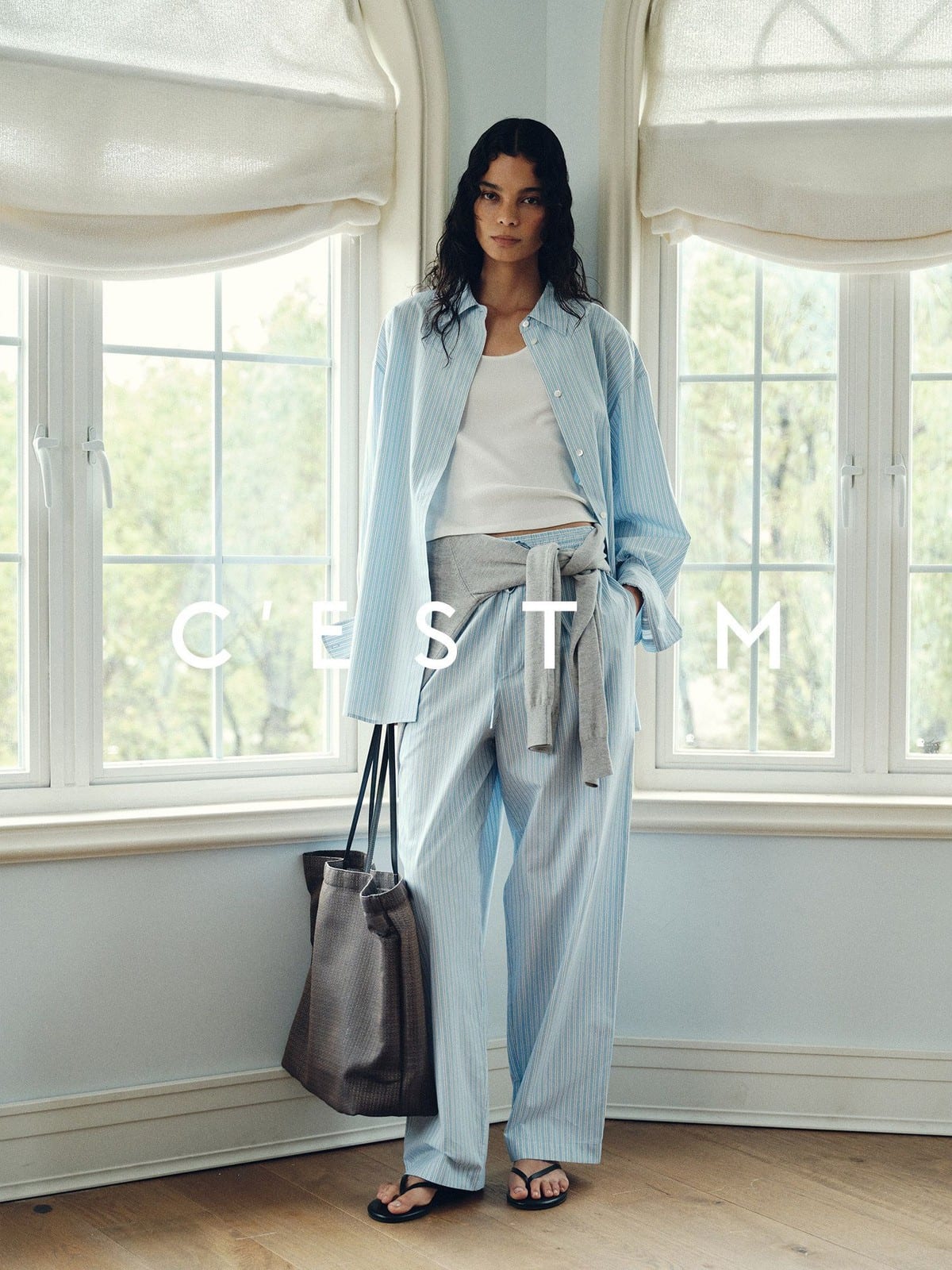 CEST M Striped Pima Cotton Shirt Pants Set in Sky Blue - On Female Model