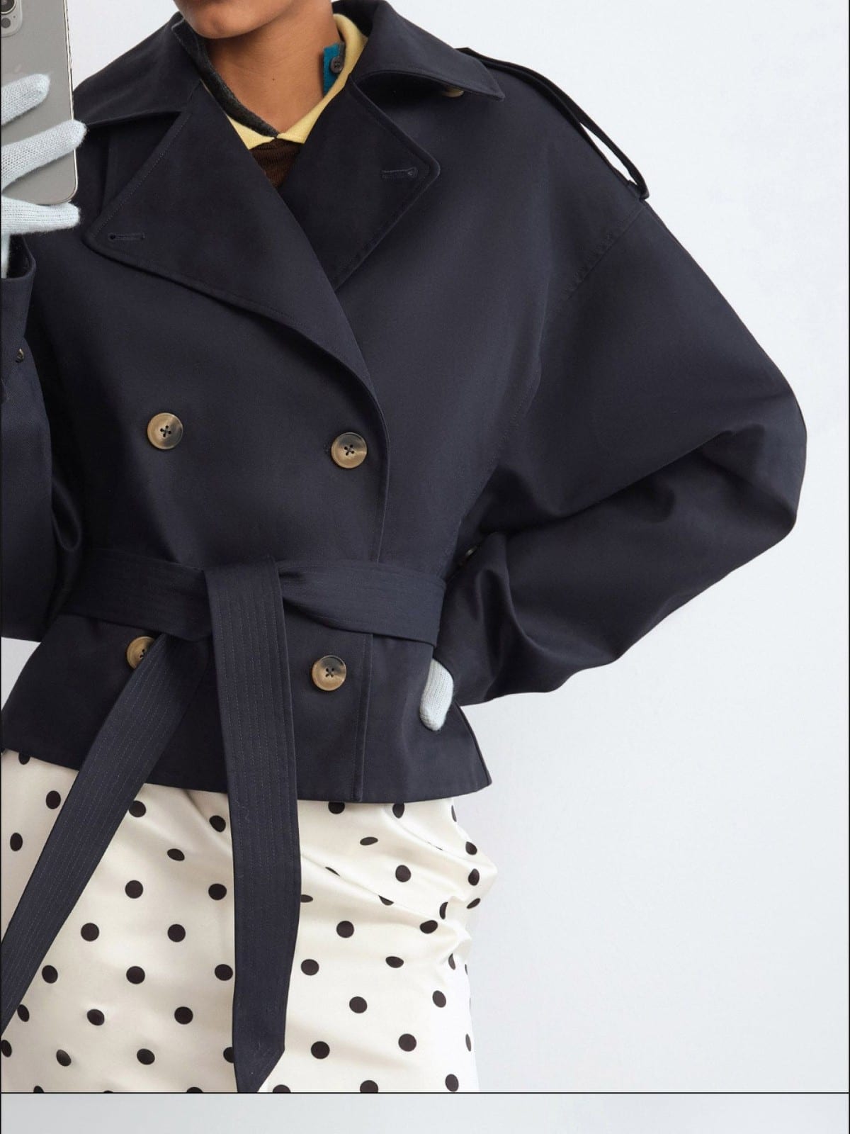 RARELY ALIKE Belted Cropped Trench Jacket in Navy Blue - On Female Model