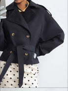 RARELY ALIKE Belted Cropped Trench Jacket in Navy Blue - On Female Model