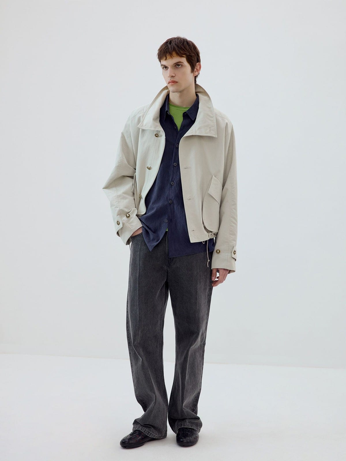 SIMPLE PROJECT Cotton Nylon High Neck Jacket in Gray - On Male Model