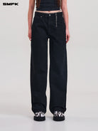 SMFK Washed Wide Leg Denim Jeans in Black - On Female Model