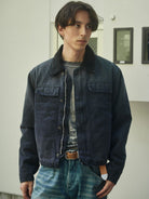 Retro 21 Washed Cotton Padded Work Jacket in Navy Blue - On Male Model