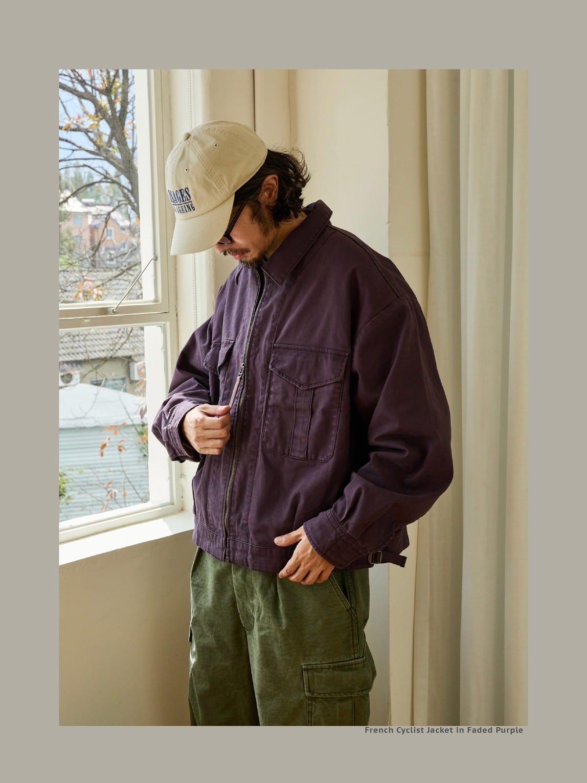 USAGE Heavyweight Canvas Cropped Workwear Jacket in Purple - On Male Model