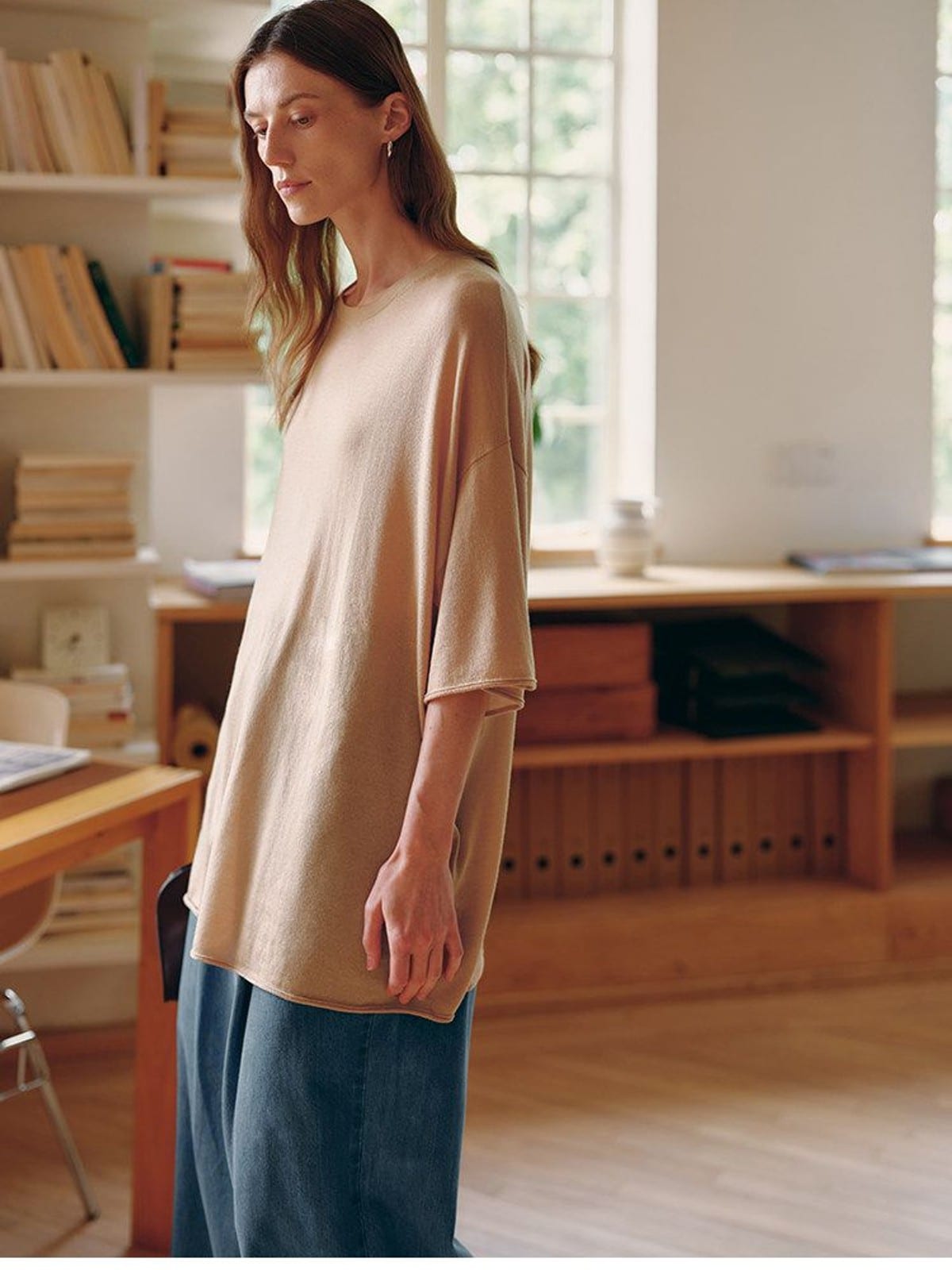 MSBEAST Sheer Lyocell Cashmere Half Sleeve T Shirt in Beige - On Female Model