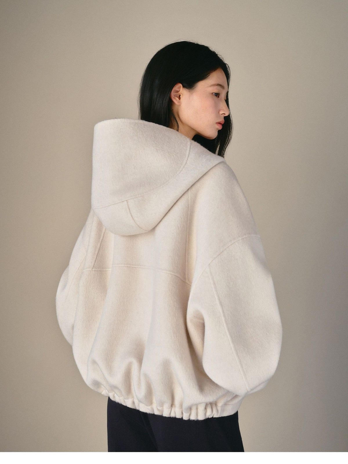 TEASEL Hooded Camel Wool Blend Jacket in White - On Female Model