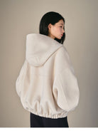 TEASEL Hooded Camel Wool Blend Jacket in White - On Female Model