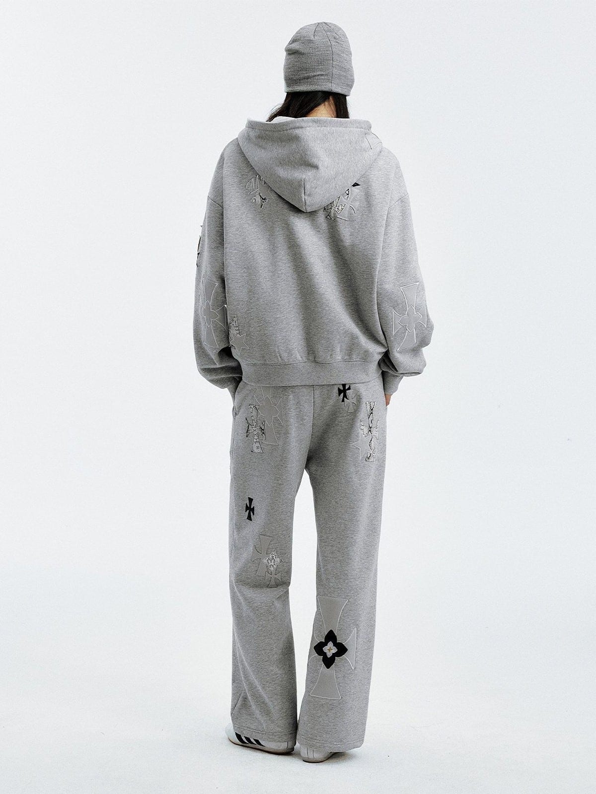 MEDM Leopard Leather Patch Drawstring Pants in Gray - On Model