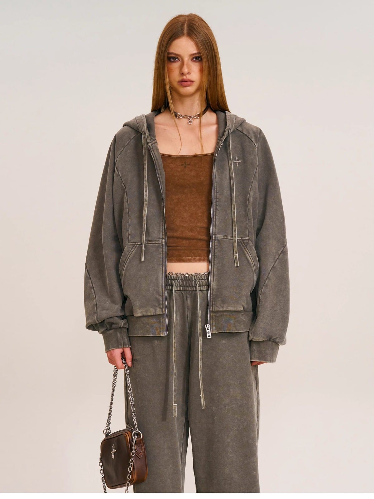 SMFK Washed Cotton Zip Up Hoodie in Dark Gray - On Female Model