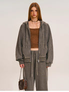 SMFK Washed Cotton Zip Up Hoodie in Dark Gray - On Female Model
