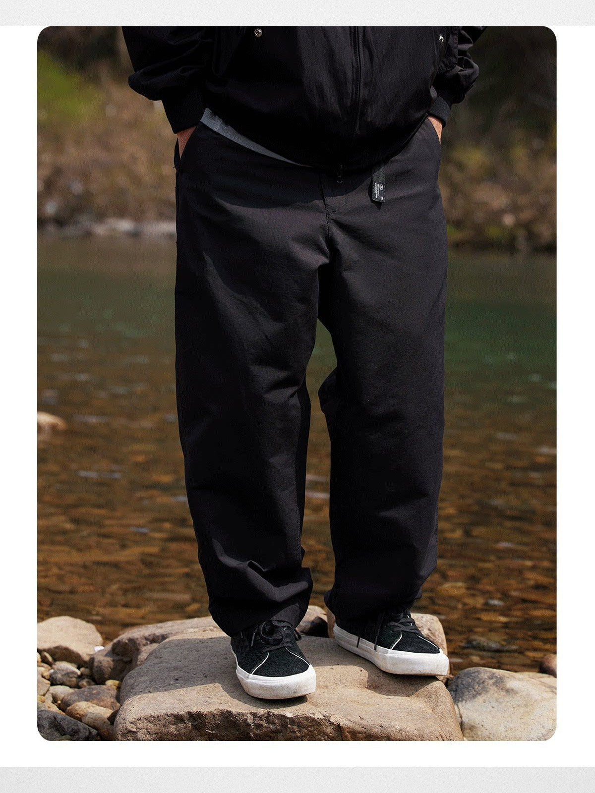 Soda Trendy Belted Cotton Nylon Tapered Pants in Black - On Model