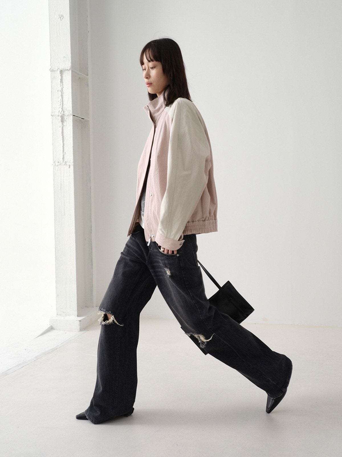 Random Piece Color Block Cotton Blend Cropped Jacket in Pink - On Female Model