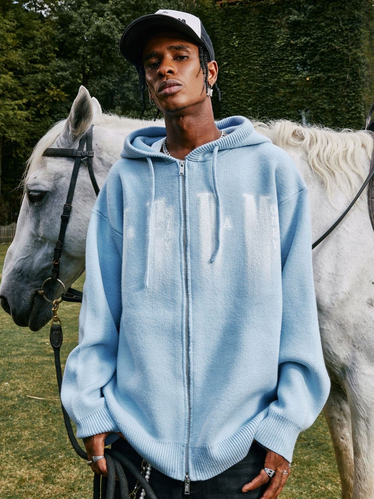 MEDM Zip Up Hooded Knit Cardigan in Sky Blue - On Male Model