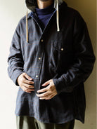 USAGE Detachable Hood Cotton Plaid Shirt in Brown - On Male Model